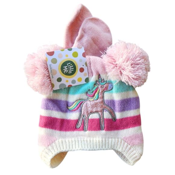 Little Me Baby Girl Pink Knit Unicorn Pompom Hat and Mittens Set Size 3-9M - Picture 1 of 3
